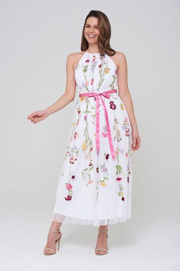 Amelia Rose White Floral Embroidered Dress with Belt
