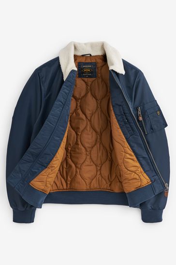 Buy Navy Blue Shower Resistant Borg Collar Aviator Flight Jacket