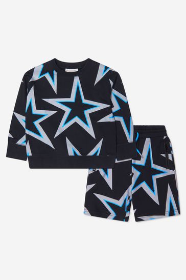 Boys Cotton Fleece Star Print Shorts Set in Black