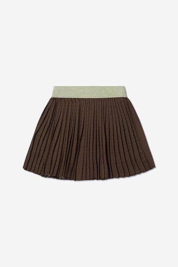 Girls Crepe Logo Print Pleated Skirt in Brown