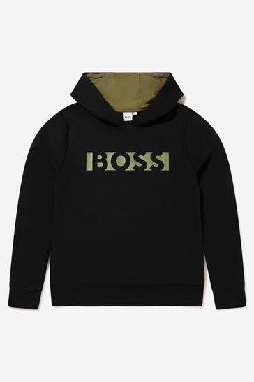 Boys Cotton French Terry Logo Hoodie in Black
