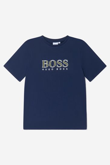 Boys Cotton Jersey Logo Print T-Shirt in Navy