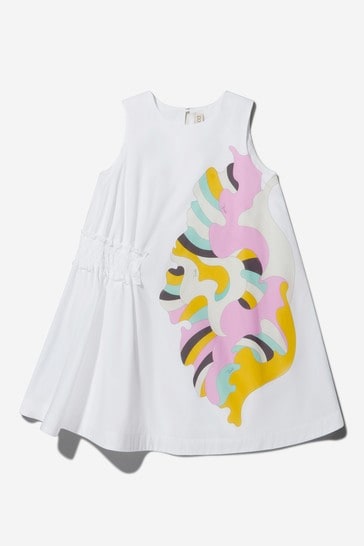 Girls Cotton Abstract Print Dress in White