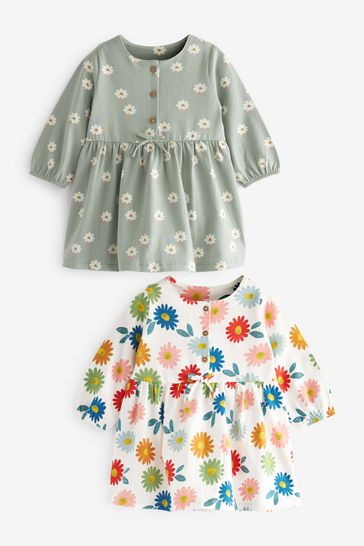 Green/Cream Floral 2 Pack Baby Jersey Dresses (0mths-3yrs)