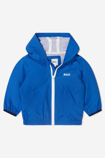 Baby Boys Recycled Nylon Hooded Logo Windbreaker Jacket in Blue