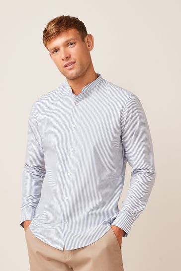 Blue/ White Stripe Regular Fit Single Cuff Grandad Collar Shirt