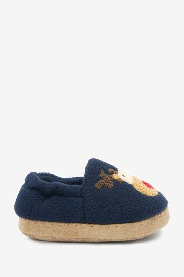 Buy Navy Blue Warm Lined Boucle Christmas Reindeer Slippers from Next Denmark