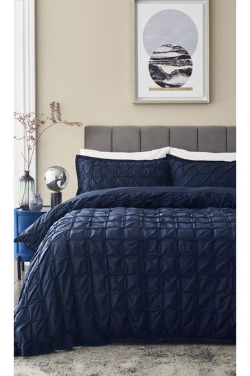 Navy Blue Textured Pleats Duvet Cover And Pillowcase Set