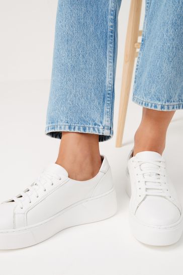 White Lace Up Signature Forever Comfort® Leather Chunky Wedges Platform Trainers