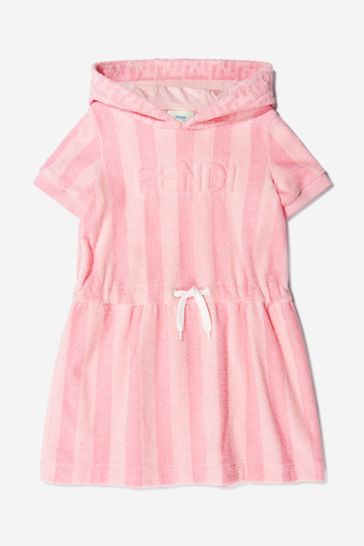 Girls Cotton Striped Hooded Dress in Pink