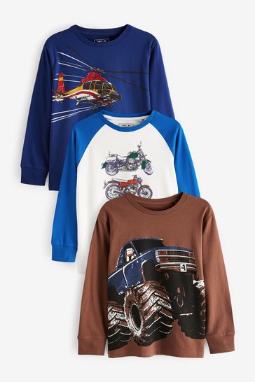 Blue/Green Vehicles 3 Pack Long Sleeve Graphic T-Shirts (3-16yrs)