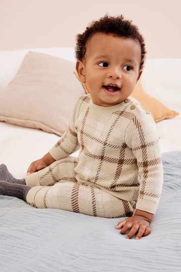 Brown Check Knitted Baby 2 Piece Set (0mths-2yrs)