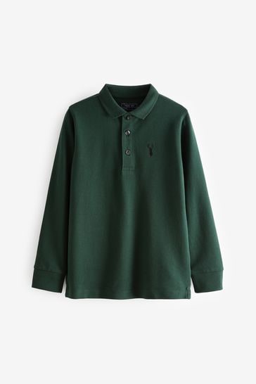 Forest Green Long Sleeve Pique Polo Shirt (3-16yrs)