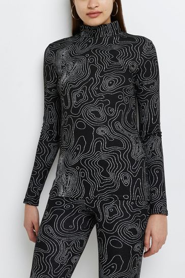 River Island Black Jacquard Print High Neck Shirt