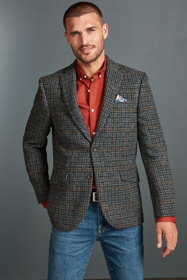 Buy Grey Rust Brown Slim Fit Harris Tweed Check Blazer from Next Luxembourg