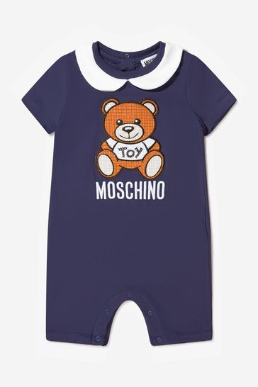 Baby Unisex Cotton Teddy Toy Romper In A Gift Box in Navy