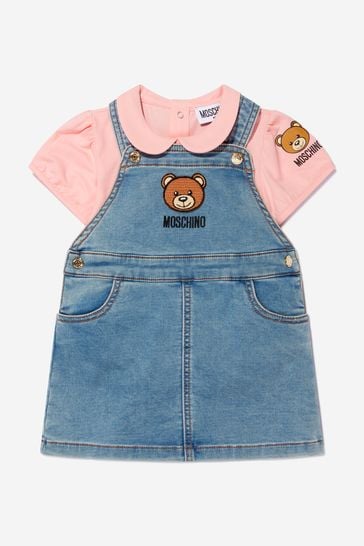 Baby Girls Cotton T-Shirt And Dungaree Dress Set in Pink/Blue