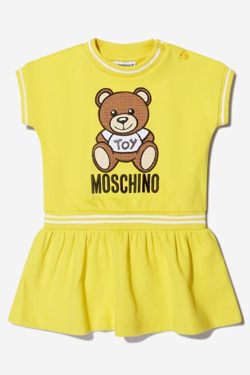 Baby Girls Cotton Teddy Toy Logo Dress in Yellow