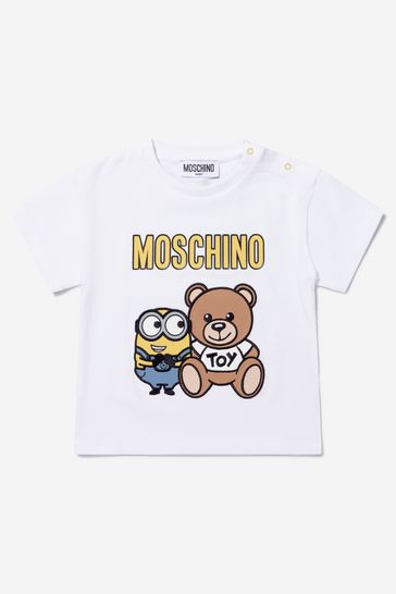 Baby Unisex Cotton Teddy Toy And Minion T-Shirt in White