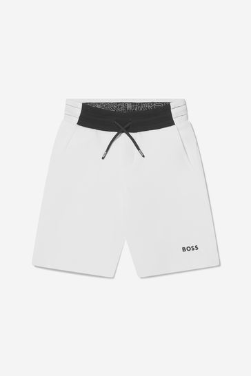Boys Cotton Logo Print Track Shorts in White