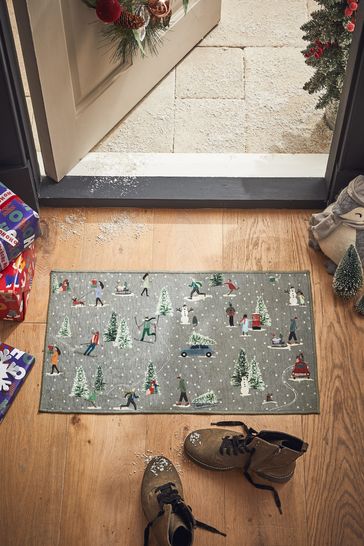 Grey Washable Winter Scene Christmas Doormat