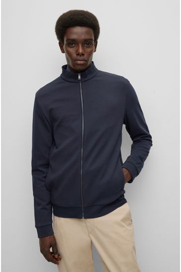 BOSS Dark Blue Textured Front Zip Through Sweatshirt