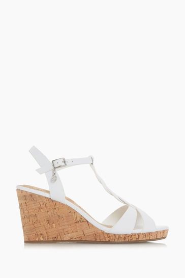 Dune London Koala Leather Plait T-Bar Strap Cork Wedge Heeled Sandals