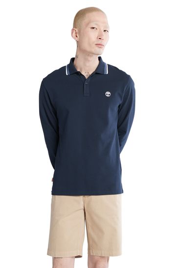 Timberland Blue Millers River Long Sleeved Pique Tipped Polo Shirt