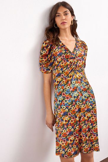 Buy Black Floral Print Short Sleeve Mini Tea Summer Dress from