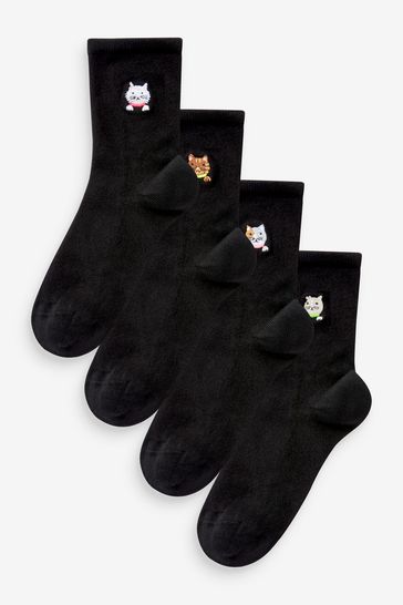 Cat Faces Embroidered Motif Ankle Socks 4 Pack