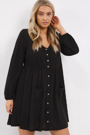 Simply Be Black Ribbed Button Through Smock Dress