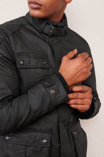 Buy Black Shower Resistant Coated Cotton Biker Jacket from Next Denmark