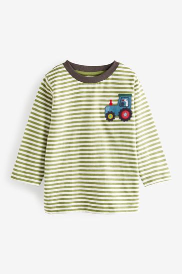 Green/White Stripe Tractor Long Sleeve Chest Applique T-Shirt (3mths-7yrs)