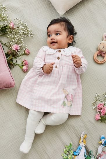 JoJo Maman Bébé Pink Peter Rabbit Gingham Appliqué Dress & Tights Set