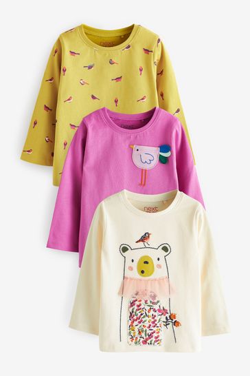 Pink/Yellow Bear Long Sleeve Cotton T-Shirts 3 Pack (3mths-7yrs)