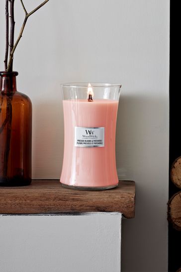 Woodwick Pink Large Hourglass Pressed Blooms Patchouli Scented Candle