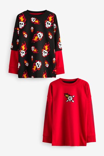 Black/Red Skull 2 Pack Long Sleeve T-Shirts (3-16yrs)