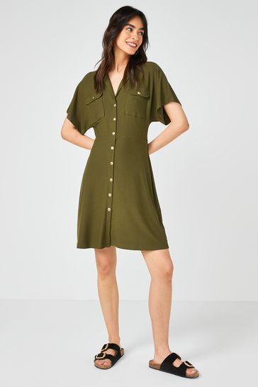 Khaki Green Short Sleeve Utility Dress