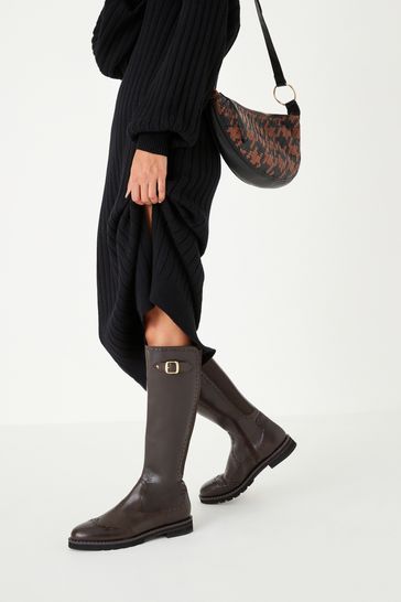 Buy Chocolate Brown Regular Wide Fit Forever Comfort Leather Brogue Detail Knee High Boots from Next Netherlands