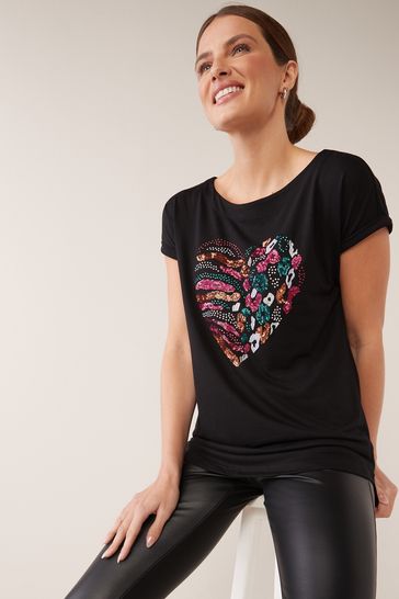 Buy Black Sleeve Short from Embellished Neck Ireland T-Shirt Next Heart Sequin Crew