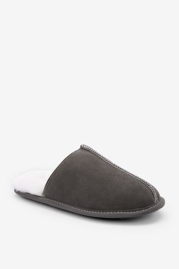 Grey Suede Mule Slippers