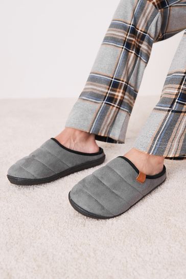 Grey Quilted Mule Slippers