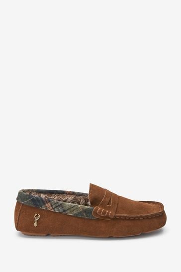 Tan Brown Modern Heritage Suede Saddle Moccasin Slippers