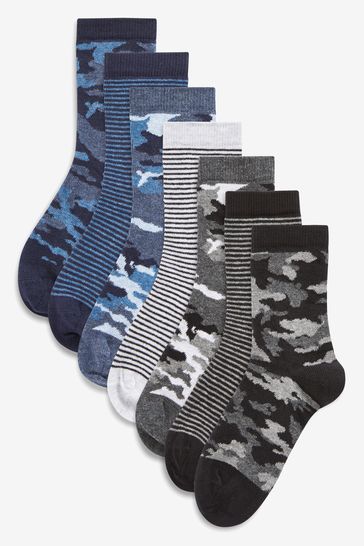 Blue Camouflage/Stripes Cotton Rich Socks 7 Pack