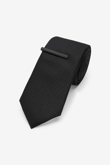 Black Slim Textured Tie And Clip