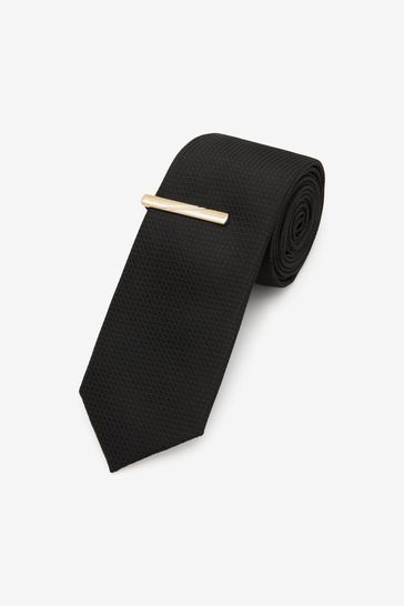 Black/Gold Slim Textured Tie And Clip