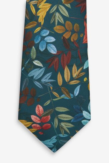 Teal Blue Leaf Slim Pattern Tie