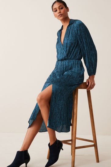 Navy Blue Floral Print Satin Wrap Midi Dress