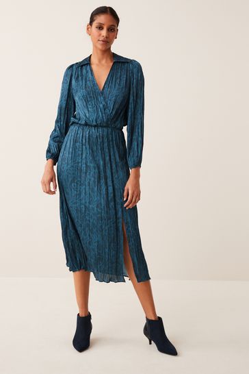 Navy Blue Floral Print Satin Wrap Midi Dress