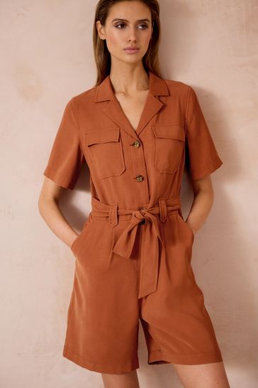 Buy Brown Belted Short Sleeve Playsuit from Next Luxembourg